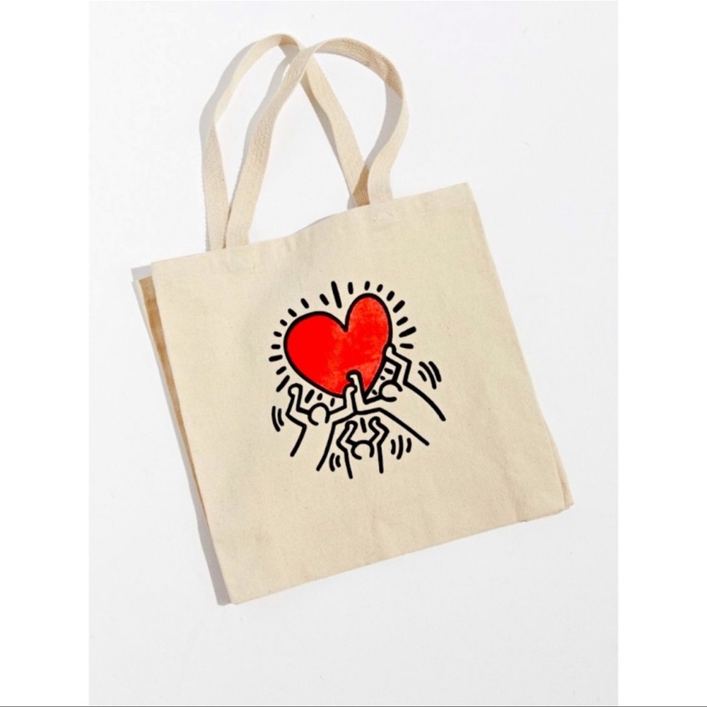 Urban Outfitters Keith Haring Holding Heart Tote Bag, Tan/Black/Red, NWT - Picture 1 of 13